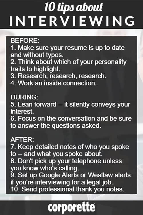 Some of our best tips for interviewing, including how to survive OCI hell or other on-campus interview stress for law students, business school students, or otherwise! 
