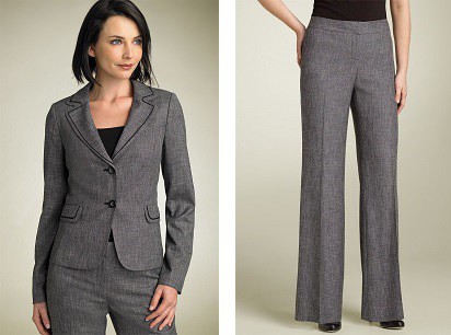 gray pantsuit with black piping