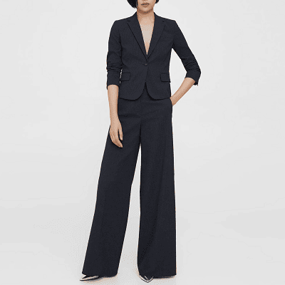 navy blue seersucker suit with a cropped blazer and wide-leg pants