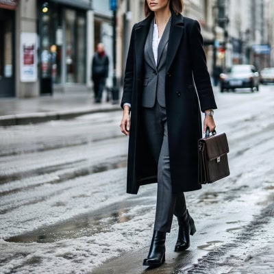 businesswoman wears a suit and overcoat while walking along a slushy street; she is wearing the best boots with her suit