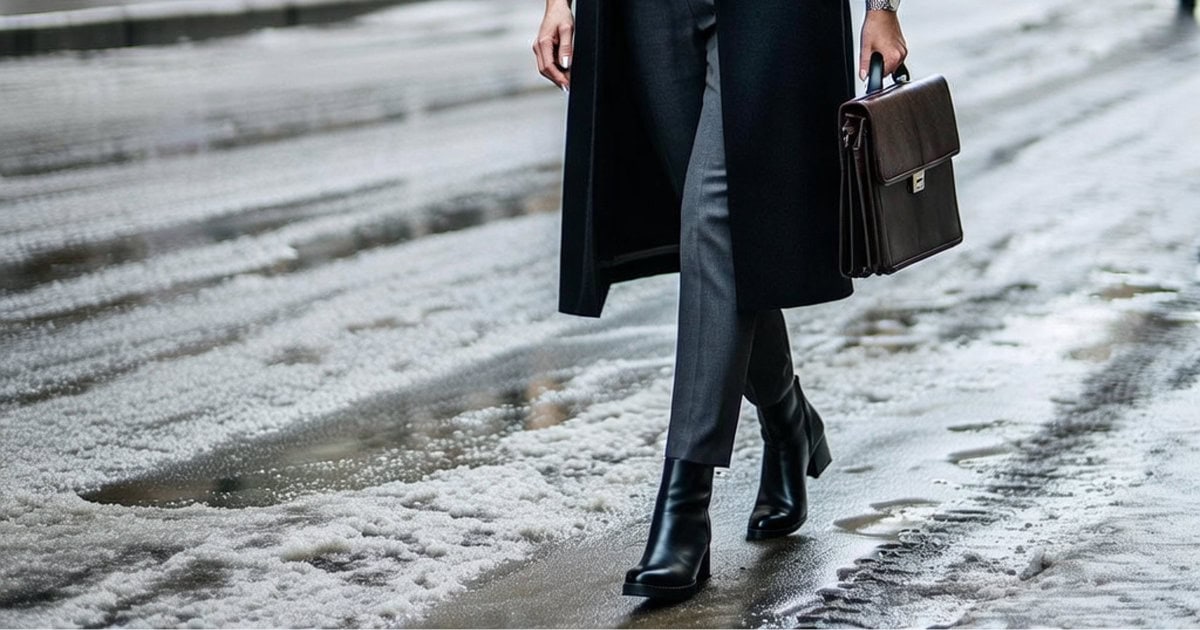 businesswoman wears a suit and overcoat while walking along a slushy street; she is wearing the best boots with her suit