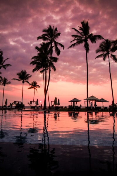 beautiful beachy sunset, with palm trees and beach bungalows and cabanas viewable across a body of water