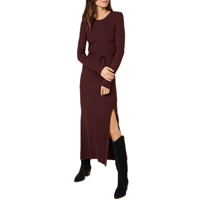 woman wears burgundy sweater dress