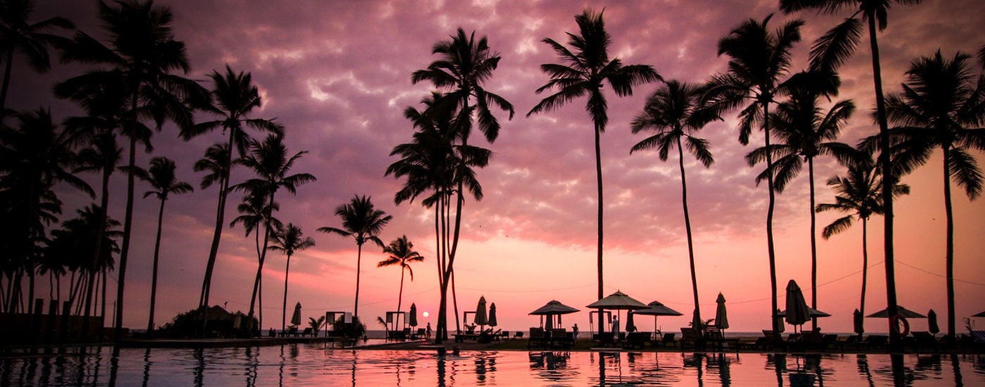 beautiful beachy sunset, with palm trees and beach bungalows and cabanas viewable across a body of water