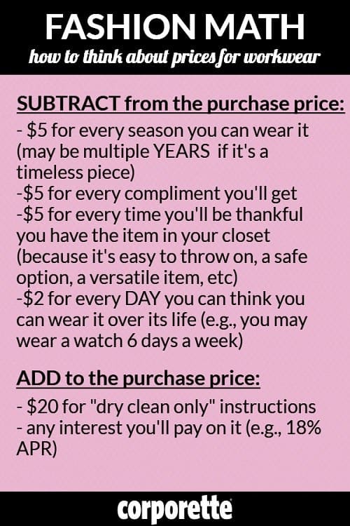 Every woman has a shopping equation that plays out in her head -- her way of figuring out whether the price is right (particularly if it's a sale item). So: we shared our shopping equation for workwear! After all, if the piece needs to be dry cleaned or ironed and you only look "meh" in it, that's a good reason to step away from it... Great discussion with the readers on how they think about prices for workwear, as well as when to splurge and when to save... 