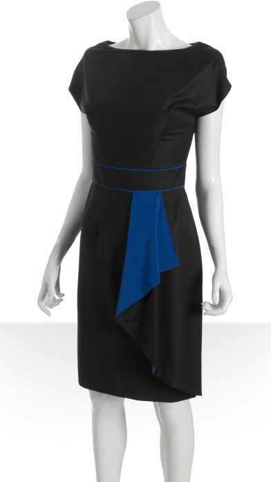 Badgley Mischka Platinum Label charcoal and electric blue cascade wool boatneck dress