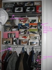 a linen closet with the hangbar moved near the bottom 3rd, with stacks of shoeboxes at eyelevel with pictures of shoes on the boxes (pink words describe this on the image)