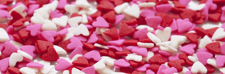 candy hearts in red, pink, and white