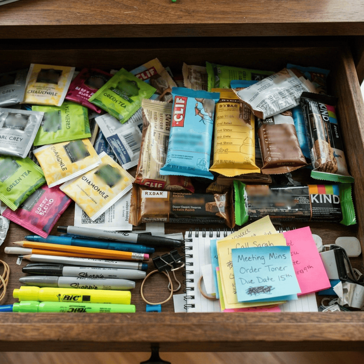 Open office desk drawer filled with snacks, tea bags, protein bars, and office supplies