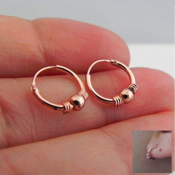 Mens Wire Hoop Earrings or Ear Cartilage Earrings -18K Rose Gold - over 925 Sterling Silver - Wire (no.546A)