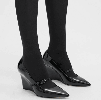 patent leather wedge Mary Jane heels with tights