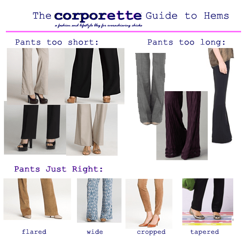 The Corporette Guide to Hems -- pants too short, pants too long, and pants juuuust right. 