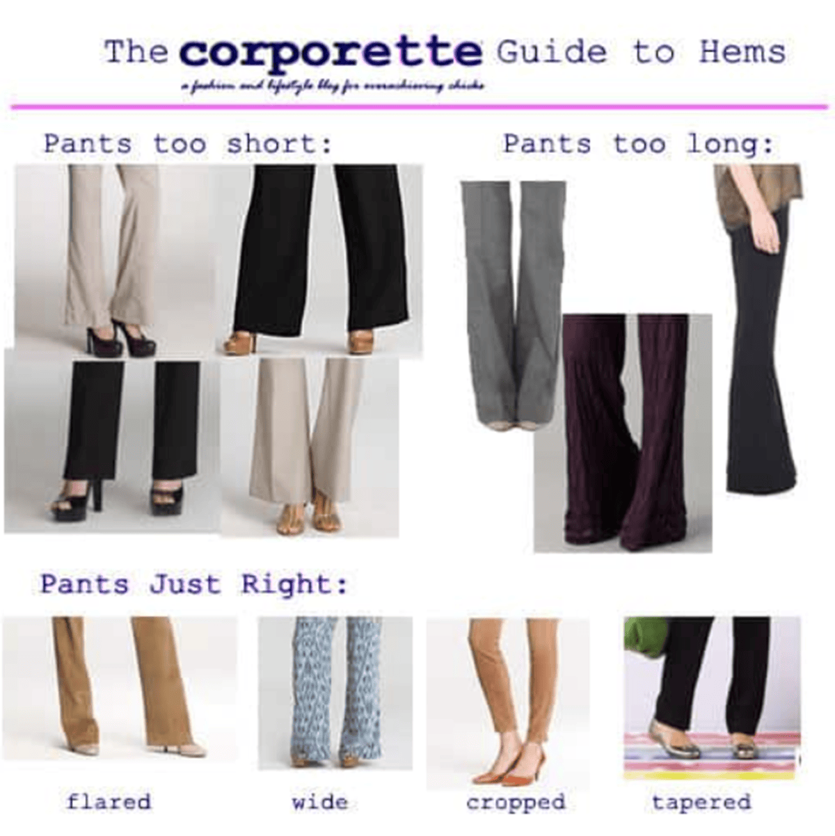 a collage of women wearing pants with different hem lengths