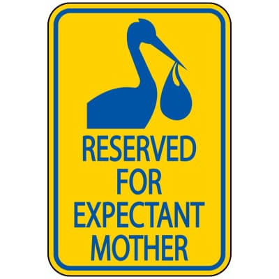 parking signage, features image of stork with a bag, it reads "RESERVED FOR EXPECTANT MOTHERS" 