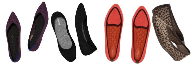 collage of 4 shoes: purple pointed toes, black round toes, red loafers with a bit of a pointy toe, and leopard shoes with a high vamp and pointy toe