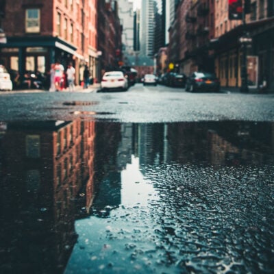 city street with huge puddle