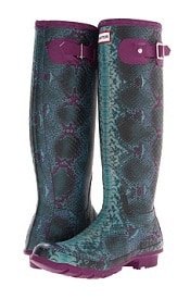 Hunter rainboots with python print and purple accents