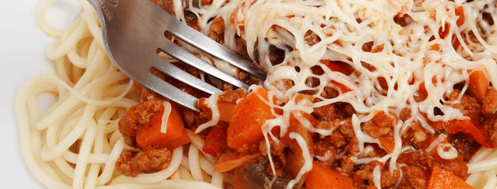 close-up shot of spaghetti with meat sauce