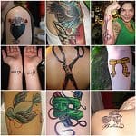 collage of 9 different tattoos relating to knitting