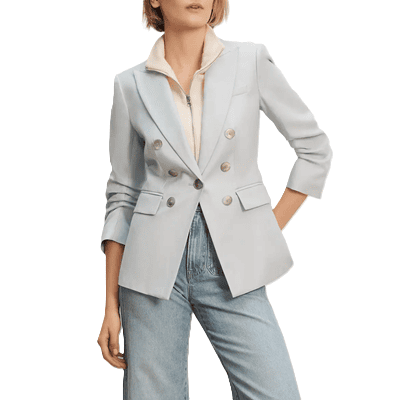 woman wears stylish double-breasted blazer with three-quarter sleeves