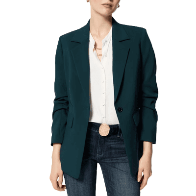 woman wears blazer with ruched three-quarter length sleeves
