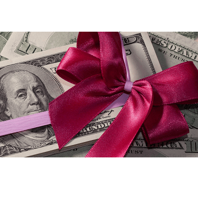 a pile of money has a pink ribbon and darker pink bow on top of it