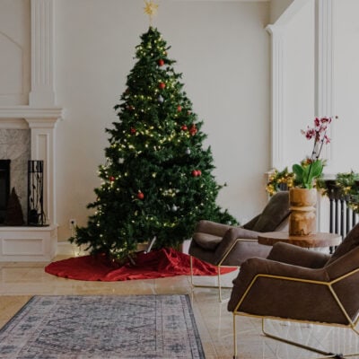 decorated Christmas tree in swanky white living room
