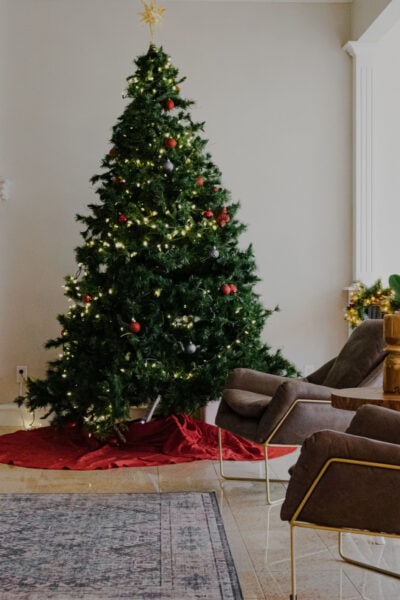 decorated Christmas tree in swanky white living room