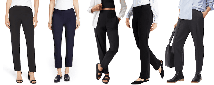 collage of 5 polished but comfortable pull-on pants for the office