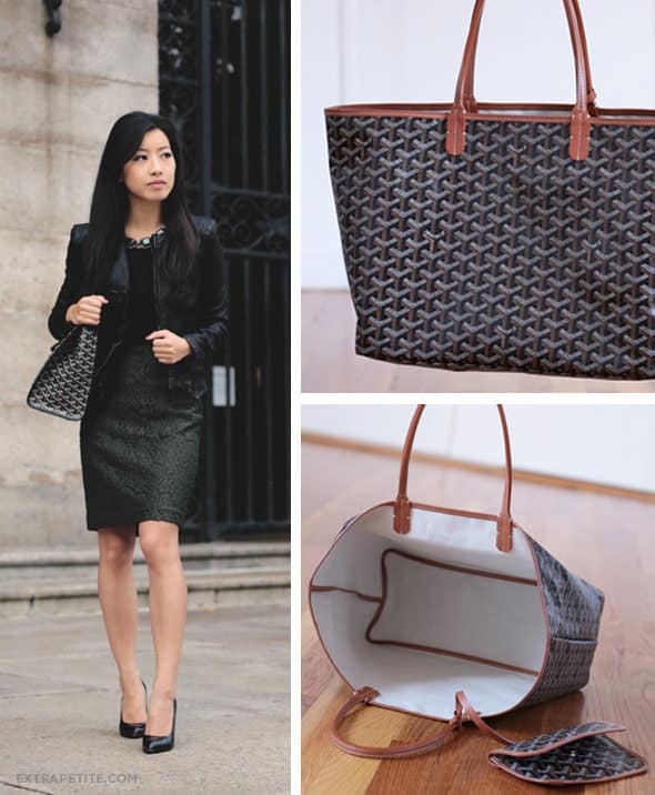 a luxe stylish bag for work in a print; Jean from Extra Petite models the printed bag from Goyard