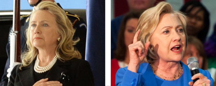 two images of Hilary Clinton; in one she has long, almost curvy hair, and in the other she has short, wavy hair
