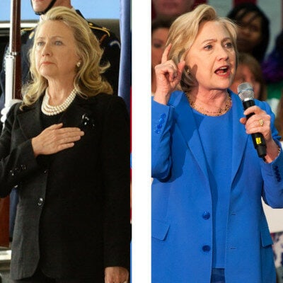 two images of Hilary Clinton; in one she has long, almost curvy hair, and in the other she has short, wavy hair