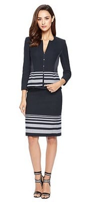 Boss Hugo Boss Textured Stretch Cotton Skirt Suit with Striped Trim | Corporette