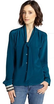 Wyatt Peacock Silk Tie Neck Blouse | Corporette