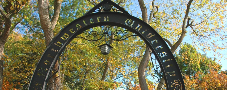 Northwestern University's Weber Arch, set against fall leaves