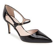 black patent pump with cutouts along side and strap across vamp