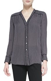 Vince Piped-Trim Printed Silk Blouse