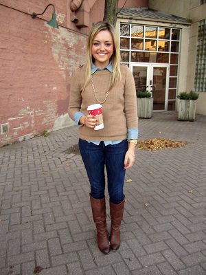 work outfit idea with jeans and tall boots