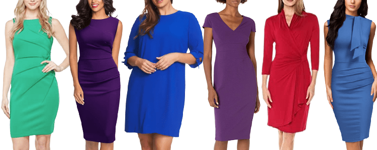 collage of women wearing colorful sheath dresses for work