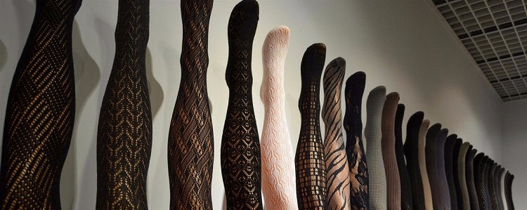 Tights on display at store in various patterns and colors