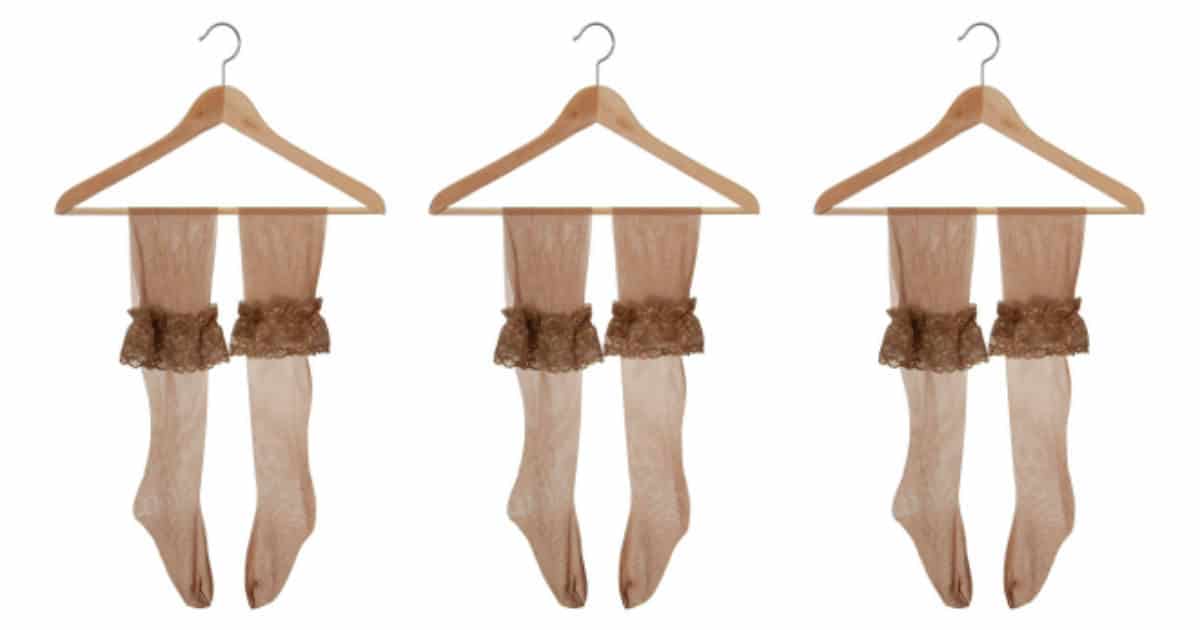 triplicated image of pantyhose hanging on hanger