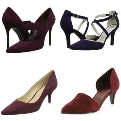 collage of purple pumps for work outfits