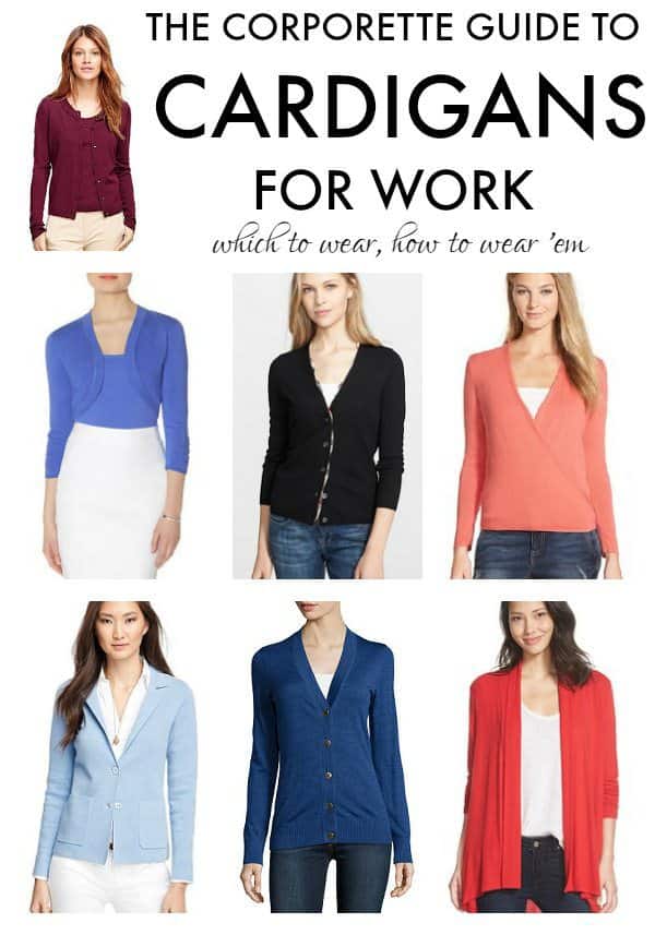 There are a LOT of different stylish cardigans for the office that you can buy -- and a lot of different ways to incorporate them in your work outfits! Check out our guide to cardigans for work -- great whether you work in a conservative office, business casual office, or casual casual workplace.