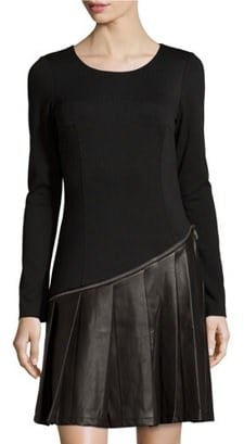 Neiman Marcus Pleated Faux-Leather Long-Sleeve Dress