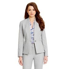 light gray pantsuit with light blue blouse