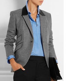 gray blazer with blue blouse, blazer has black details