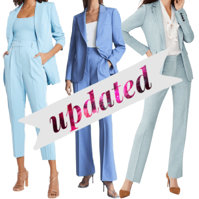 collage of light blue pants suits