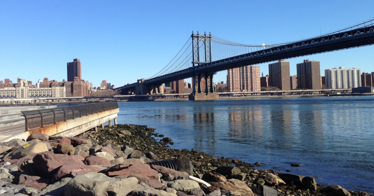 photo of the bridge, pier and water in DUMBO, NY