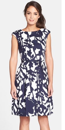 navy white fit flare dress with graphic pattern $110