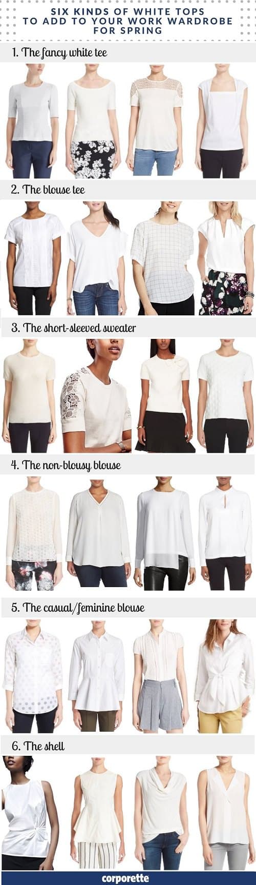 I mostly consider black to be my base for my work wear -- but even I love a white top for spring; they have a way of freshening up your entire work wardrobe and making all of your work outfits that much crisper and lighter! These are the six tops every career woman should consider adding to her wardrobe in spring -- great for wearing under suits, layering under cardigans, and adding as a simple topper to skirts and trousers. 